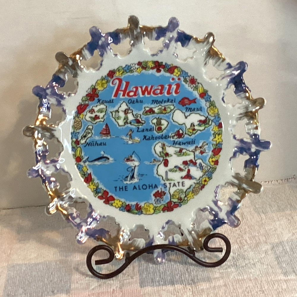 Novco Hawaii Souvenir Plate, FL Map/Aloha State, Blue Reticulated Edge Japan
